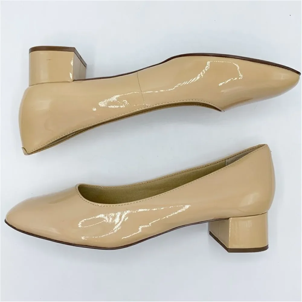 Trotters Tan Patent Leather Chunky Low Heel Women’s  Pumps 9 Narrow‎ Square Toe